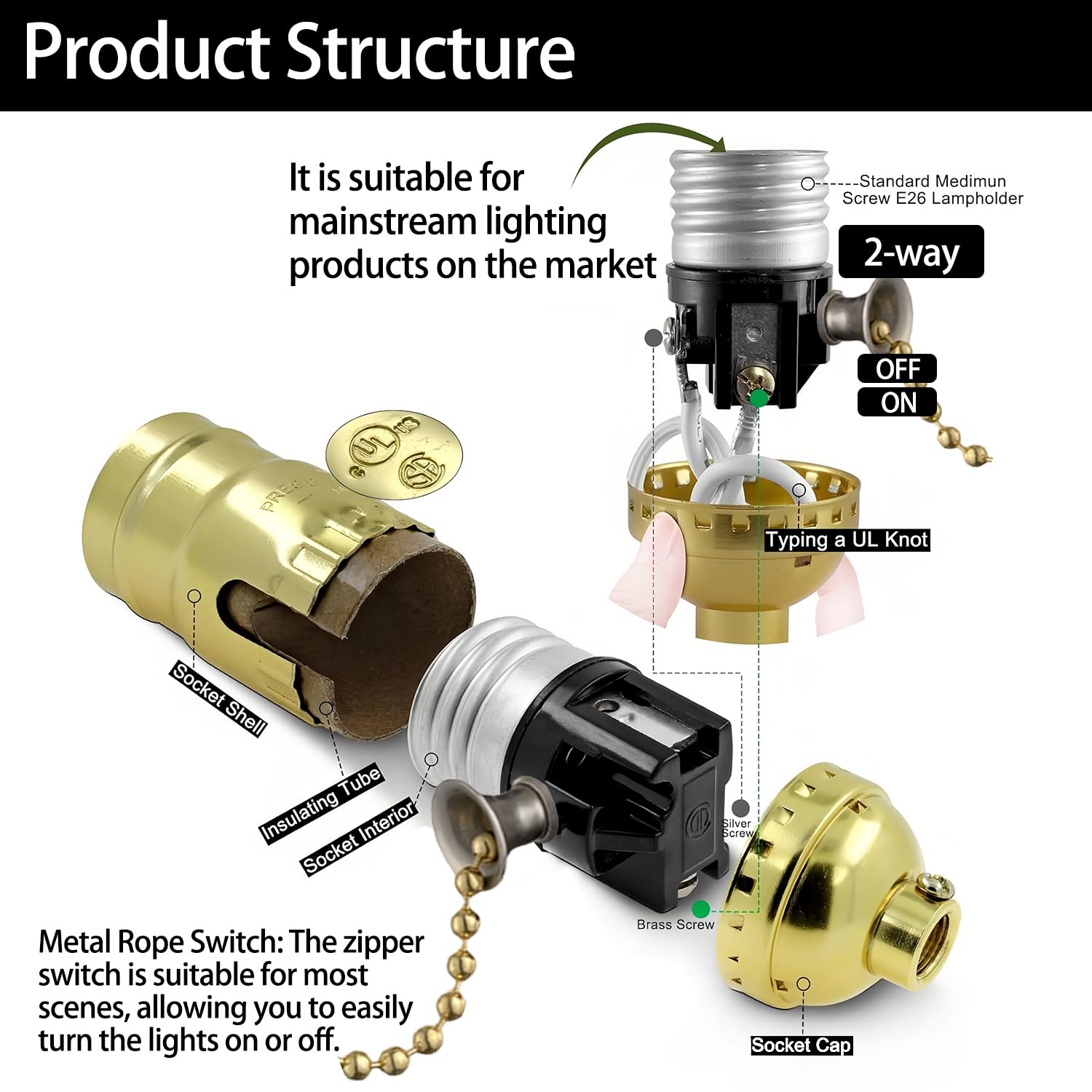 Lamp Socket with Pull Chain, E26 Standard Threaded Base, Lamp